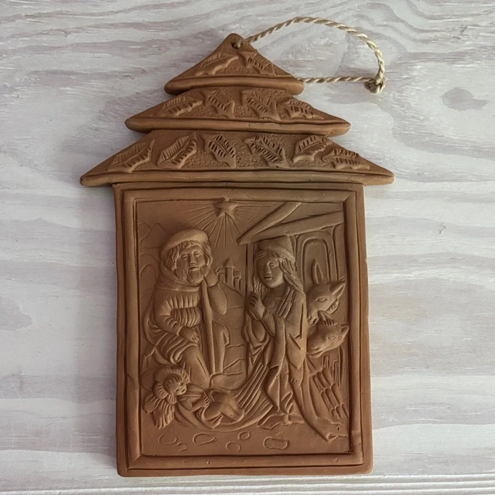 Hand sculpted 8”‎ Terra Cotta Nativity Scene Plaque Ornament